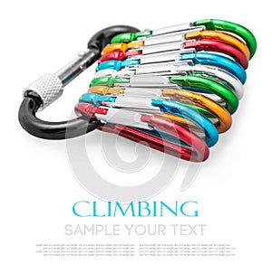 Colorful carabiner climbing isolated on white