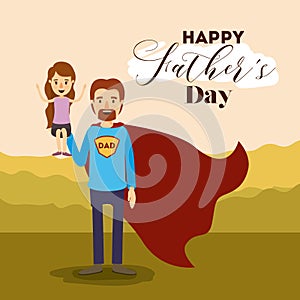 Colorful card with dad super hero and daugther on the fathers day