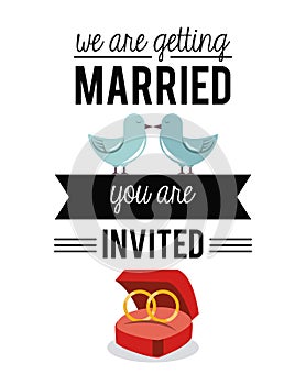 Colorful card of invited of we are getting married with wedding rings and pigeons