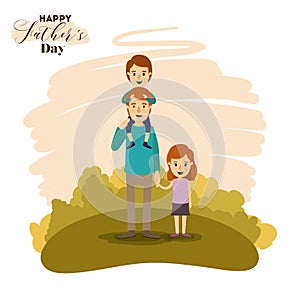 Colorful card of landscape with son in shoulders of dad and daughter of the hand on the fathers day