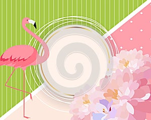 Colorful Card Template with Cartoon Pink Flamingo and Flowers.  Illustration