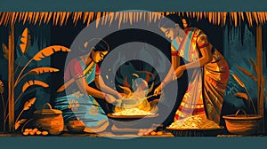 Colorful card, & x22;Kiribath& x22; preparation in clay pot, open fire, symbolizes family traditions, Sinhalese culinary heritage photo