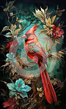 Colorful Cardinal on the Flower Branch Illustration.