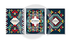 Colorful Cards with Geometric Ethnic Pattern Set, Flyer, Brochure Templates Abstract Design Vector Illustration