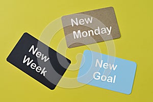 Colorful cards with text NEW MONDAY, NEW WEEK and NEW GOAL