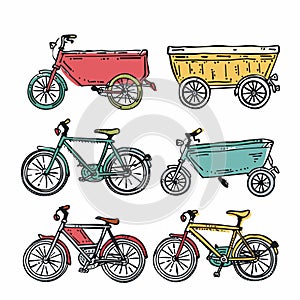 Colorful cargo bikes bicycles set, different styles designs, urban transport theme. Handdrawn