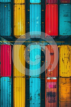 Colorful cargo containers on a dock, interconnected world of maritime shipping and distribution. Aerial view.