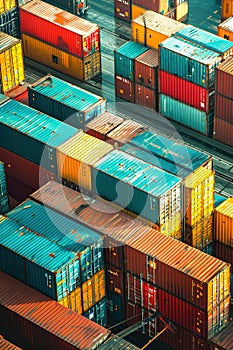 Colorful cargo containers on a dock, interconnected world of maritime shipping and distribution. Aerial view.