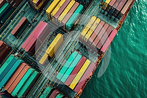 Colorful cargo containers on a dock, interconnected world of maritime shipping and distribution. Aerial view.