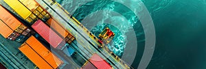 Colorful cargo containers on a dock, interconnected world of maritime shipping and distribution. Aerial view.