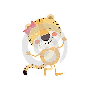 Colorful caricature of cute expression female tigress in dance pose with bow lace