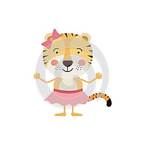 Colorful caricature of cute smile expression female tigress in skirt with bow lace