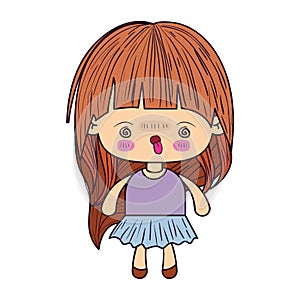 Colorful caricature little girl with wavy long hair and facial expression of madness