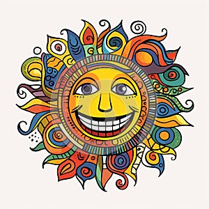 Colorful Caricature Sun And Smiling Face Textile Art Doodle