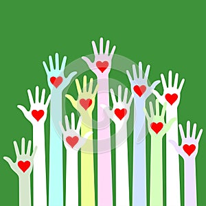 Colorful caring up hands with red hearts illustration on green background. Volunteers hands up logo emblem. Vector