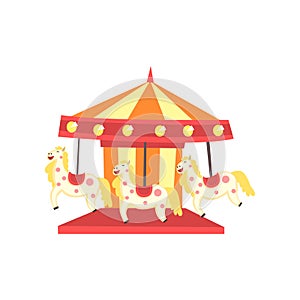 Colorful carnival carousel with horses. Funfair or amusement park icon. Entertainment element for family recreation