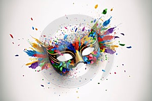 Colorful carnival eye mask on bright background. Splashes of color, confetti. Carnival outfits, masks and decorations