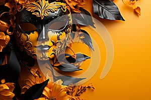 Colorful carnival mask on bright solid colored background with ample copy space for text placement photo