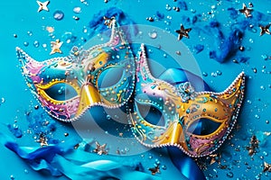 Colorful carnival masks on blue background with glitter