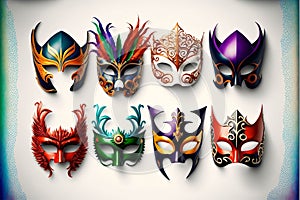 Colorful carnival masks on bright background. Arranged in a row. Carnival outfits, masks and decorations