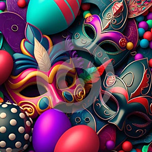 Colorful carnival masks with decorations all around colorful balls. Carnival outfits, masks and decorations