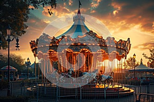 A colorful carousel with horses rotating at a park as the sun sets in the background, A vintage carousel in a dreamy amusement