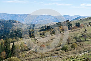 Dirt roads and paths to the mountain village. Autumn in Ukraine