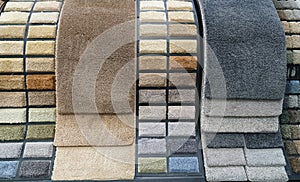 Colorful carpet samples in the store