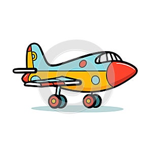 Colorful cartoon airplane illustration, bright colors, yellow fuselage, red nose, blue wings, side