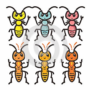 Colorful cartoon ants illustrated various patterns expressions. Six ants displayed two rows