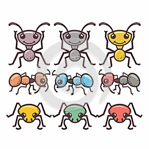 Colorful cartoon ants, nine variations, cute insect characters. Funny ant illustrations, vibrant photo