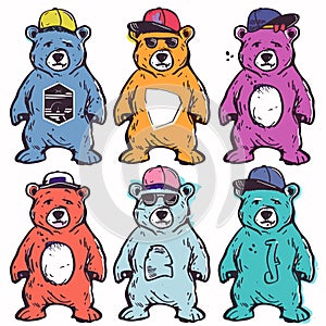 Colorful cartoon bears wearing various hats accessories display distinct personalities, bear has photo