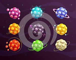 Colorful cartoon bubble planets set.