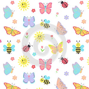 Colorful cartoon butterflies, bees, suns, ladybugs and flowers seamless pattern background