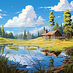 Colorful Cartoon Cabin In A Naturalistic Landscape