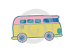 Colorful cartoon car. Travel car. House on wheels. Travel, vacation. Handsomely. Vector illustration isolated on white