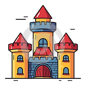 Colorful cartoon castle with red and blue rooftops. Fairytale medieval stronghold with towers. Fantasy kingdom