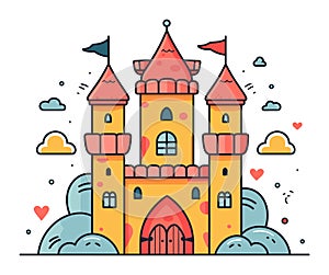 Colorful cartoon castle with red roofs on a sunny day. Fairytale castle with flags vector illustration