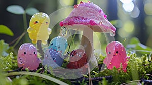 Colorful cartoon characters gathered around a sparkling mushroom in a magical forest