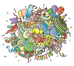 Colorful cartoon composition of party objects hand drawn on white