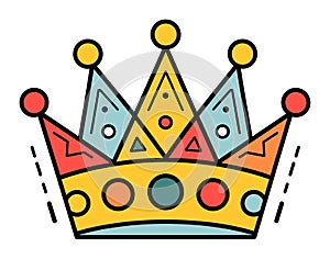 Colorful cartoon crown with geometric shapes and dots. Simple royal crown icon, graphic design element. King, queen