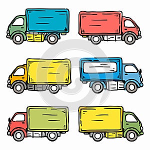 Colorful cartoon delivery trucks lined up, truck different color. Handdrawn style vehicles