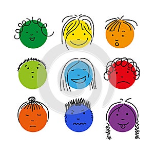 Colorful cartoon doodle face set isolated