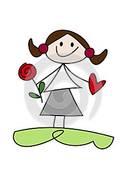 Cartoon girl holding flower and heart