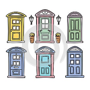 Colorful cartoon doors arranged two rows, three doors each, various designs hues. Handdrawn style