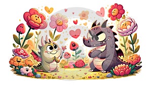 Colorful cartoon dragons among flowers