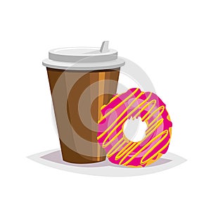 Colorful cartoon fast food icon on white background. coffee and donut