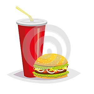 Colorful cartoon fast food icon on white background. Drink with a hamburger.