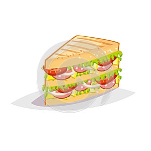 Colorful cartoon fast food icon on white background. Sandwich with salami and cheese.