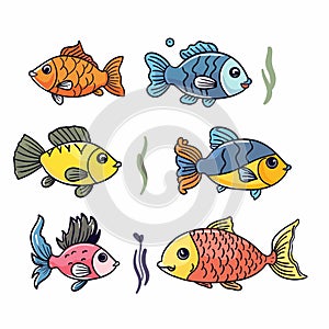 Colorful cartoon fish collection isolated white background. Six distinct tropical fish species photo